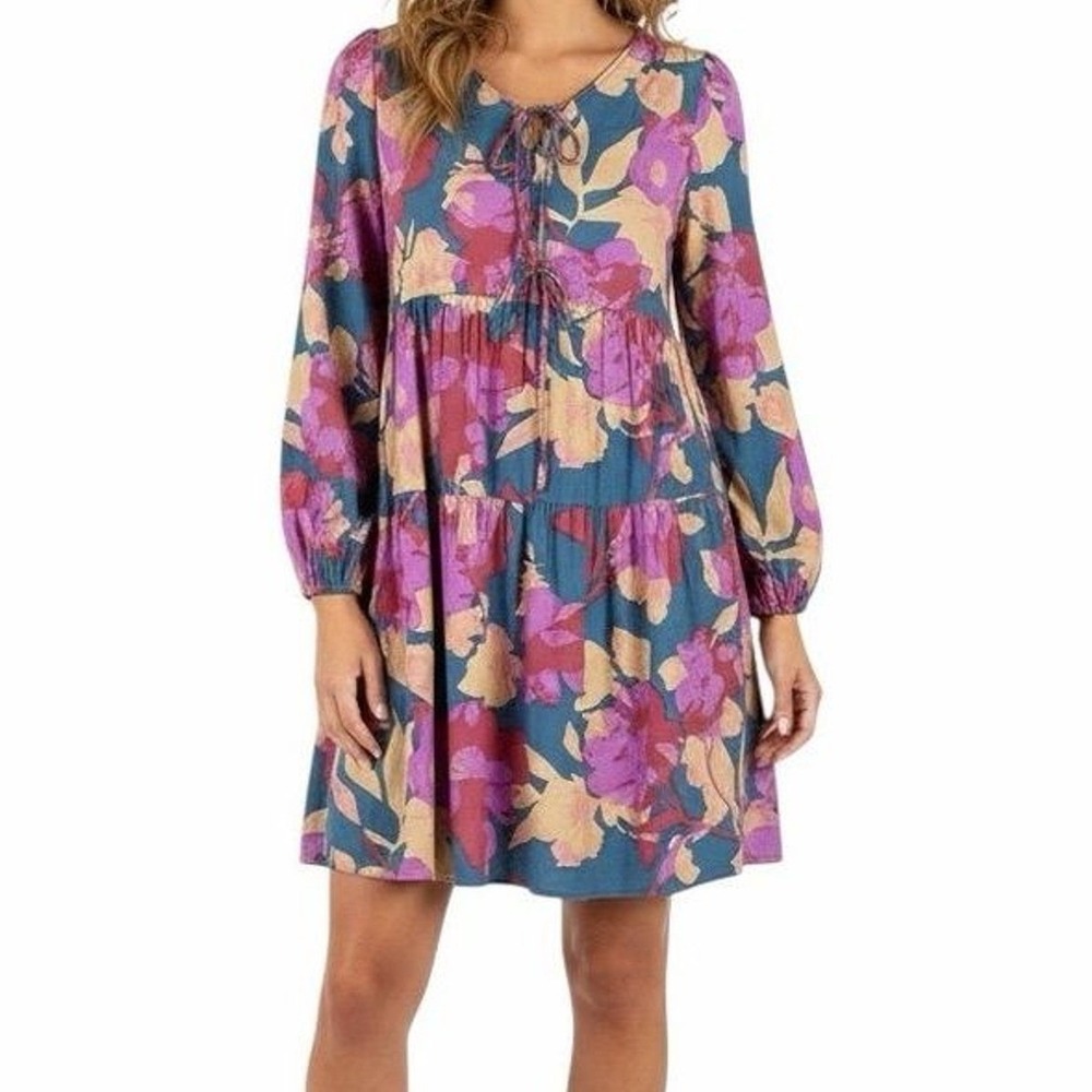Elleborn Floral Babydoll Dress Women S Teal Pink‎ Long Sleeve Tiered Boho Mini